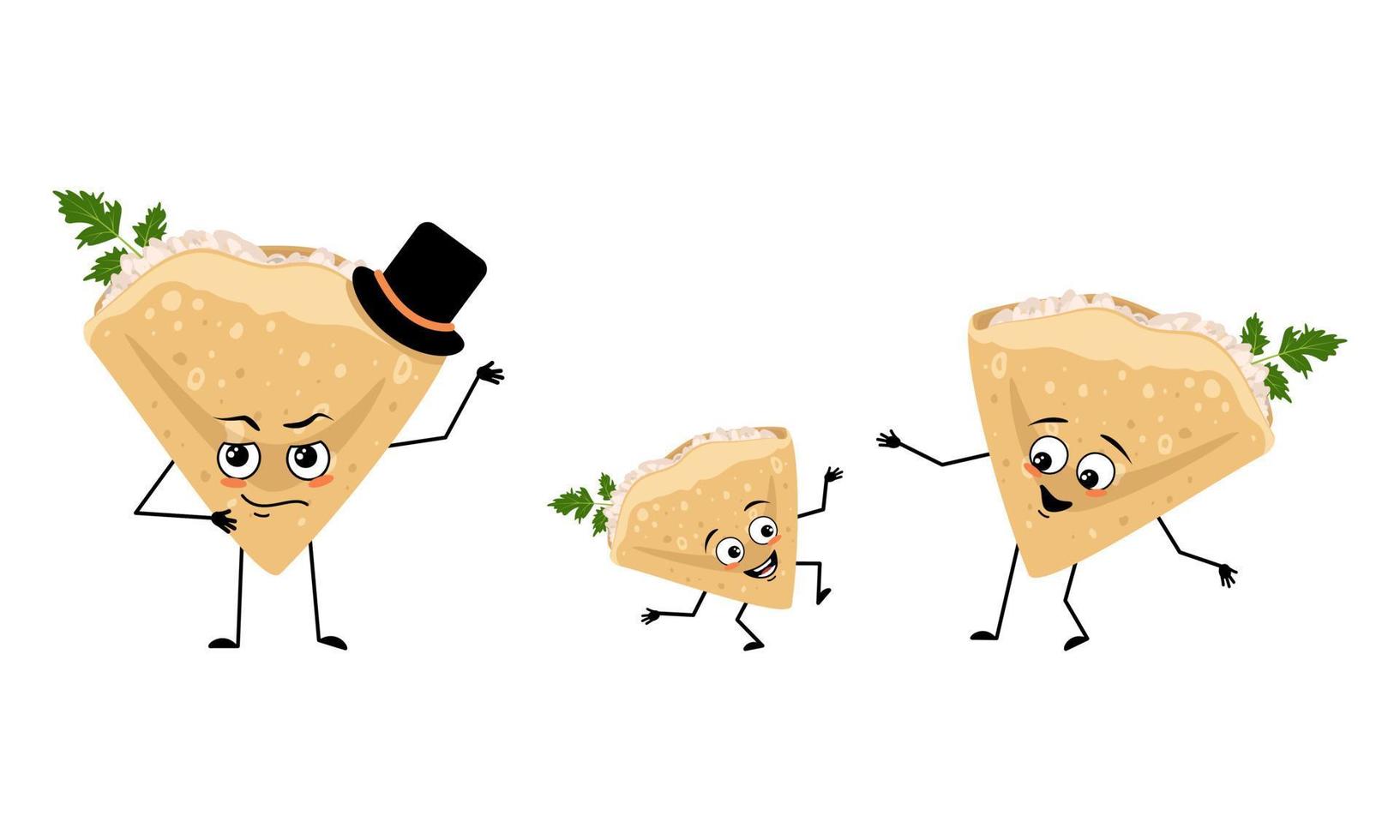 familie van pannenkoekkarakters met gelukkige emoties, glimlachgezicht, gelukkige ogen, armen en benen. moeder is blij, vader draagt hoed en kind danst. platte vectorillustratie vector