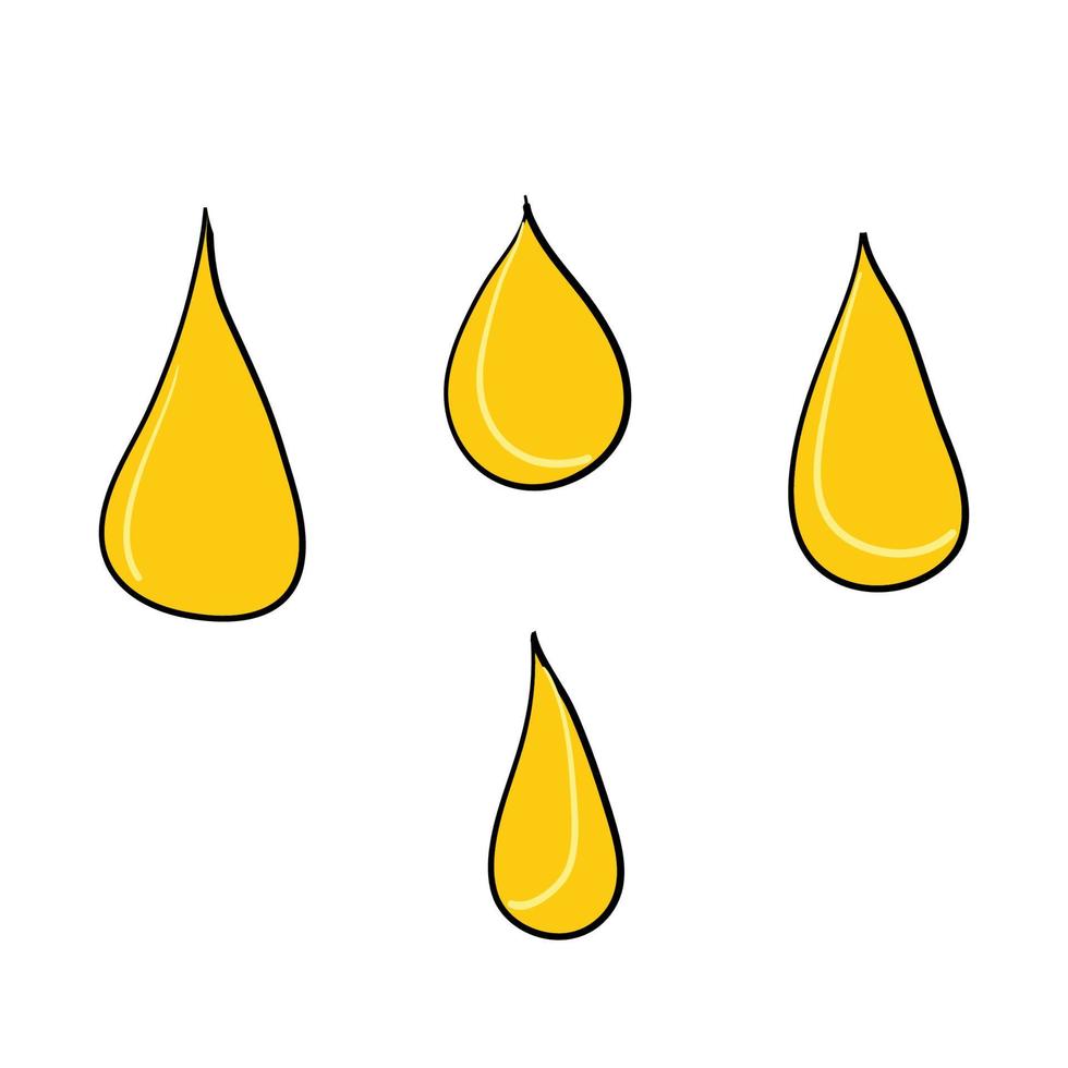 olie druppels. gele handgetekende spatten van machine of cosmetische gouden olie vector cartoon stijlsjabloon. illustratie van vloeibare olie, druppel en plons vector