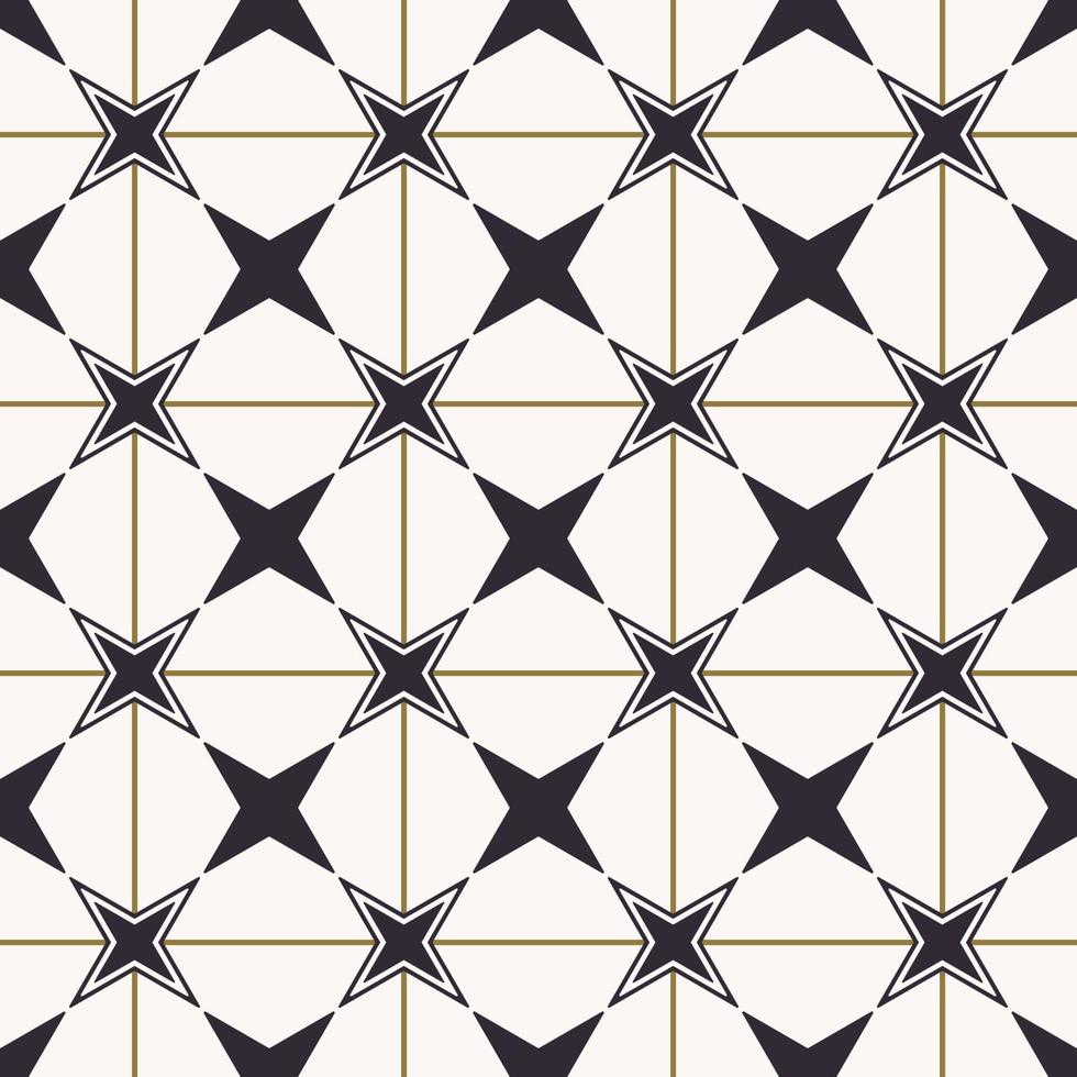 geometrische zwarte kleur 4-punts ster op gouden lijn geruite raster naadloze achtergrond. neo klassiek patroon. gebruik voor stof, textiel, interieurdecoratie-elementen, stoffering, verpakking. vector