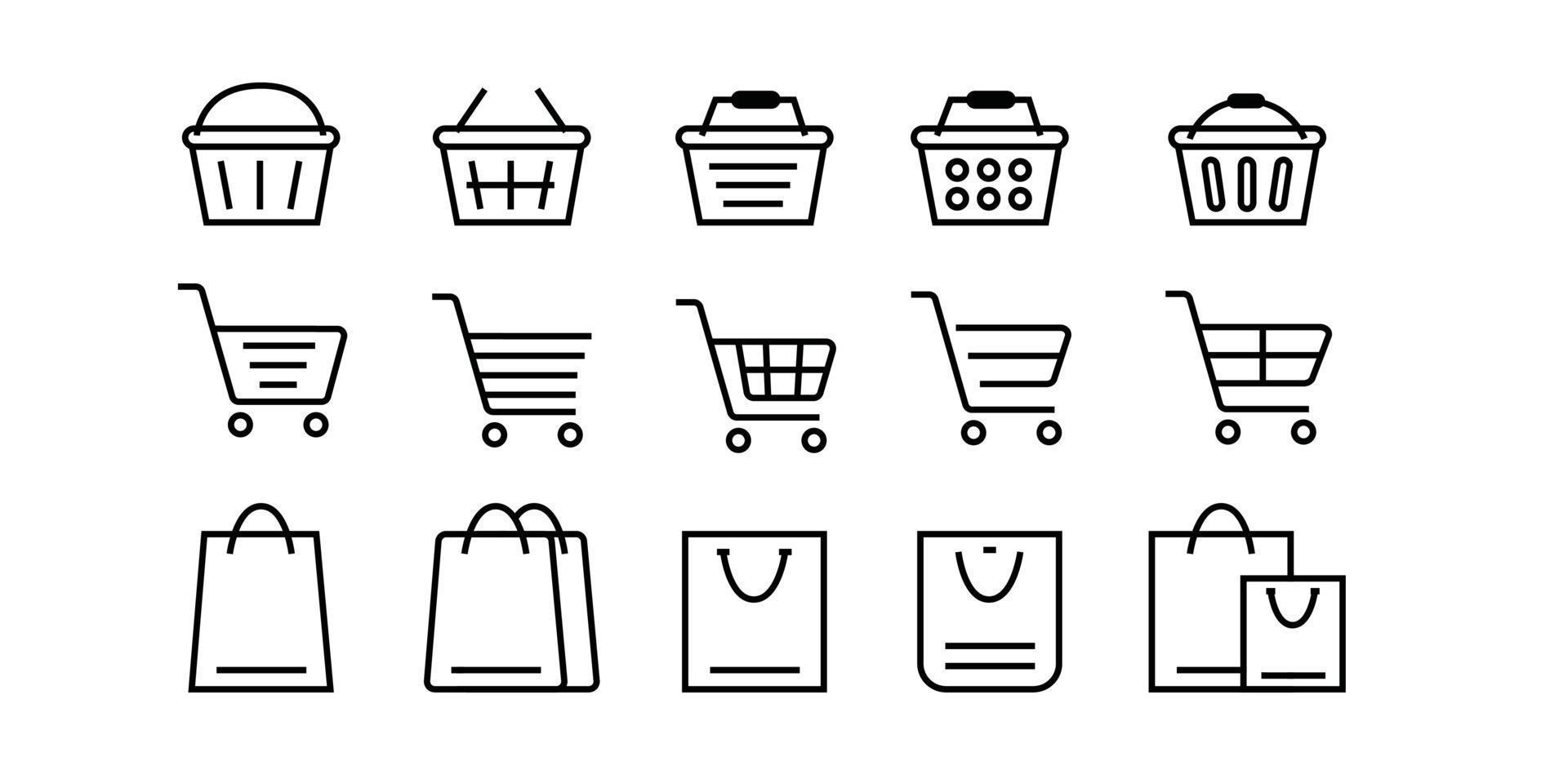 set van winkelwagen pictogrammen. verzameling webpictogrammen voor online winkel, van verschillende winkelwagenpictogrammen in verschillende vormen. vector