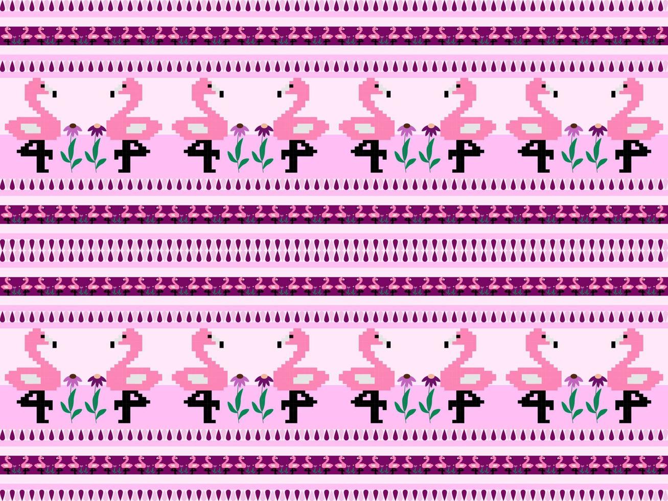 flamingo cartoon karakter naadloze patroon op roze achtergrond. pixelstijl vector