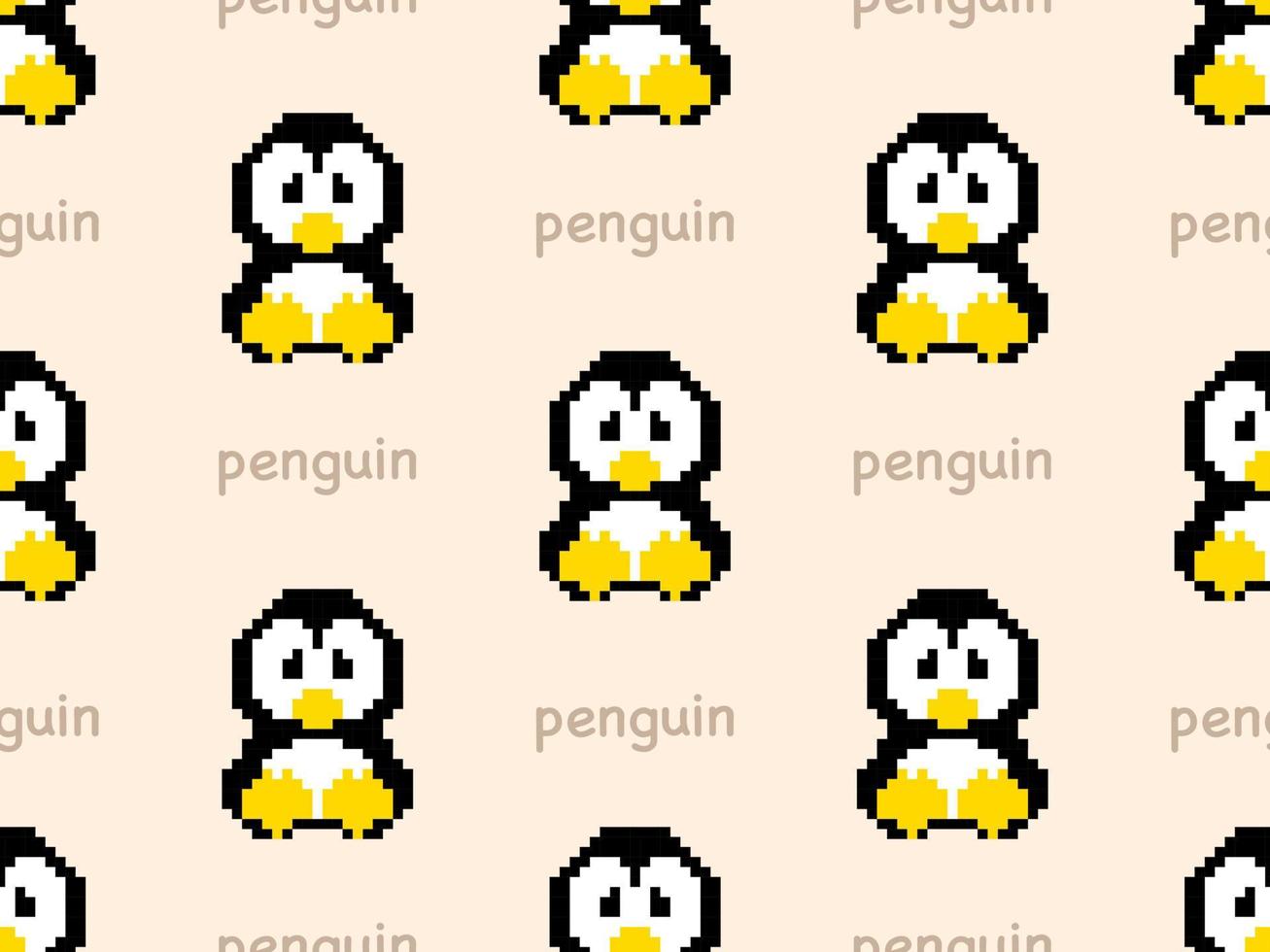 pinguïn cartoon karakter naadloze patroon op crème achtergrond. pixelstijl vector