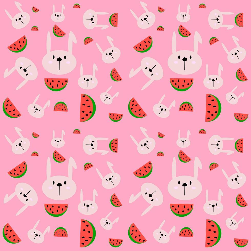 konijn en watermeloen cartoon karakter patroon op roze achtergrond. vector