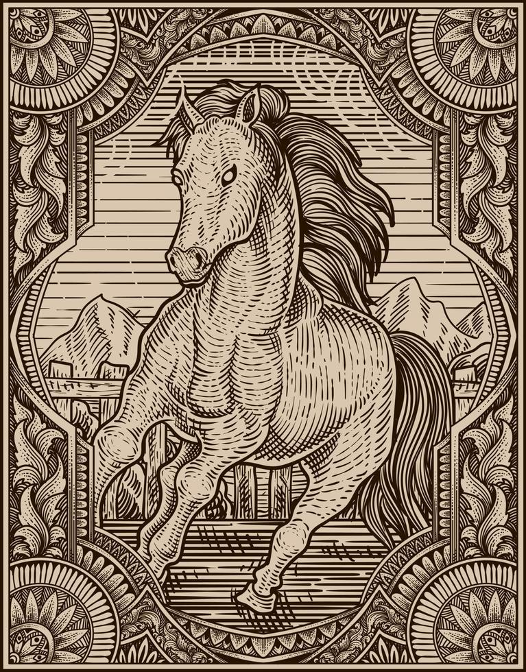 illustratie vintage paard met gravure stijl vector