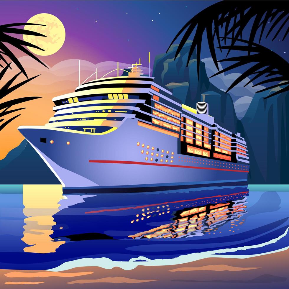 Cruiseschip onder het maanlicht op een tropische lagune vector