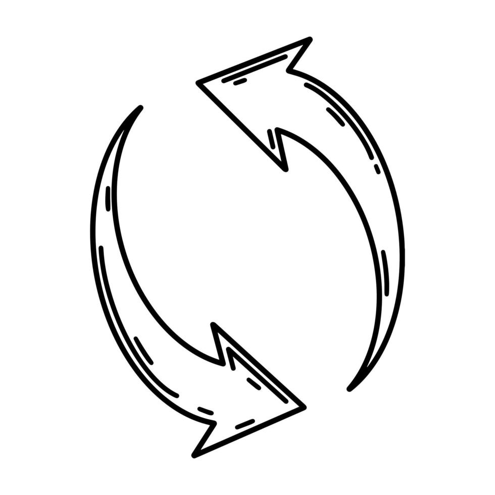 recycling symboolpictogram vector. hand getekende illustratie geïsoleerd op een witte achtergrond. rotatiepijlen, milieuvriendelijk teken, milieubescherming. eenvoudige zwart-wit schets, doodle vector