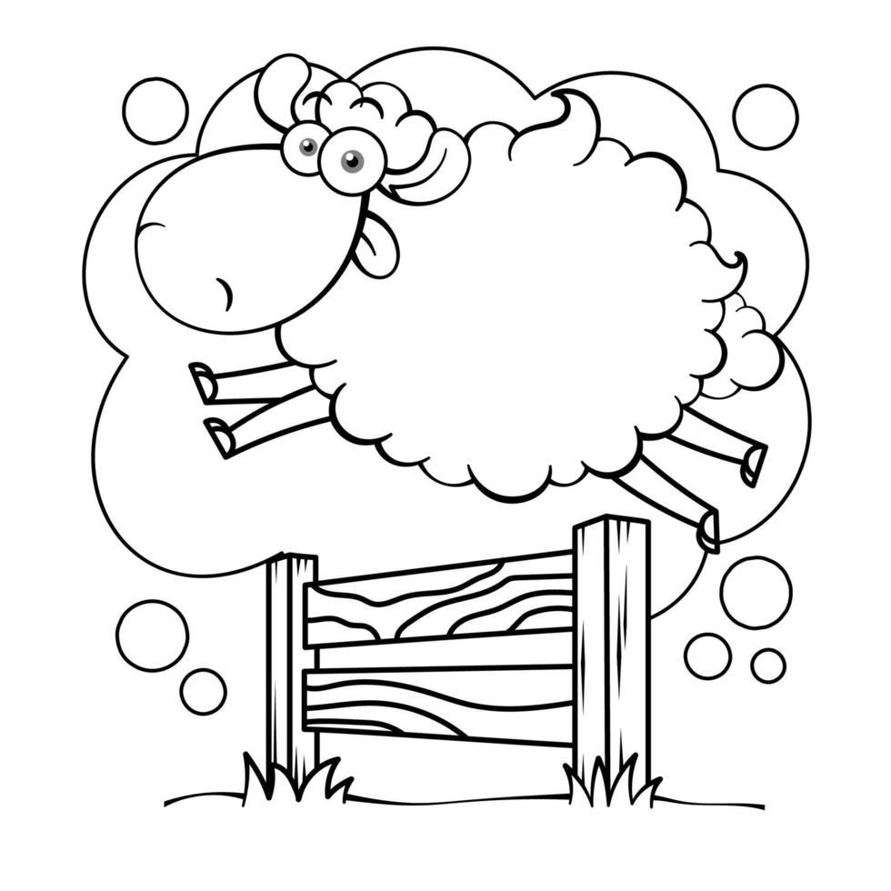 grappige cartoon schapen springen over het hek omtrek vector