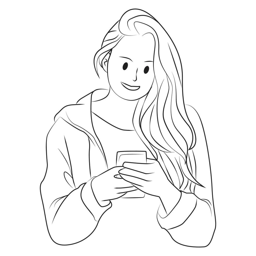 vrouw gelukkig staren naar haar telefoon schets vector cartoon afbeelding