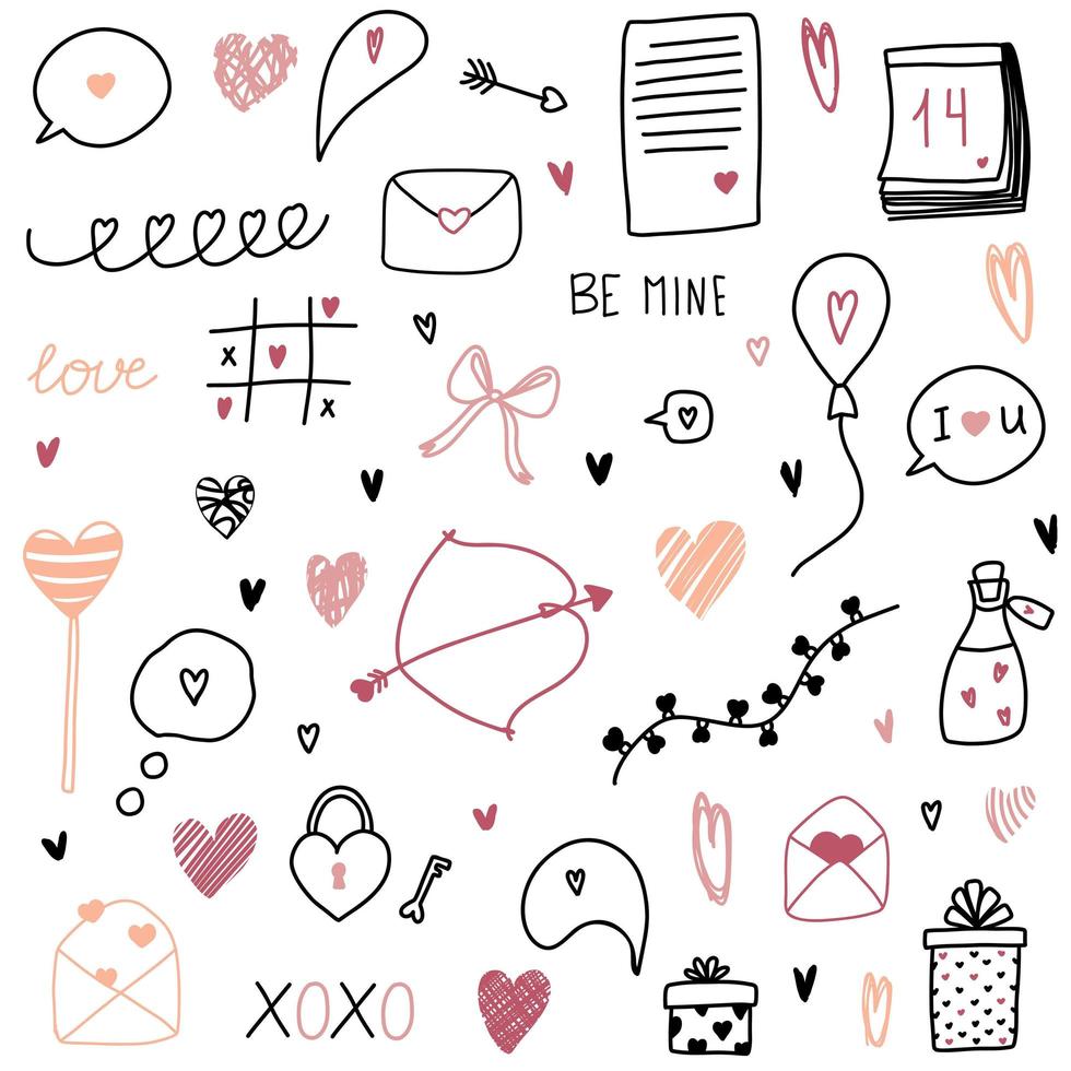 hou van clipart handgetekende doodles voor st.valentijnsdag met harten, boog, pijlen, vergif, belettering, kalender, slinger, lantaarns, brief, cadeau, ballon, gesprekswolk, tekstballon vector