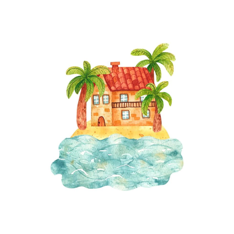 gezellige handgetekende cartoon aquarel huizen van de stad aan het zandstrand. gebouwen en een kasteel met een toren en een klok aan de oever. illustratie van landschap, natuur, zomervakantie vector