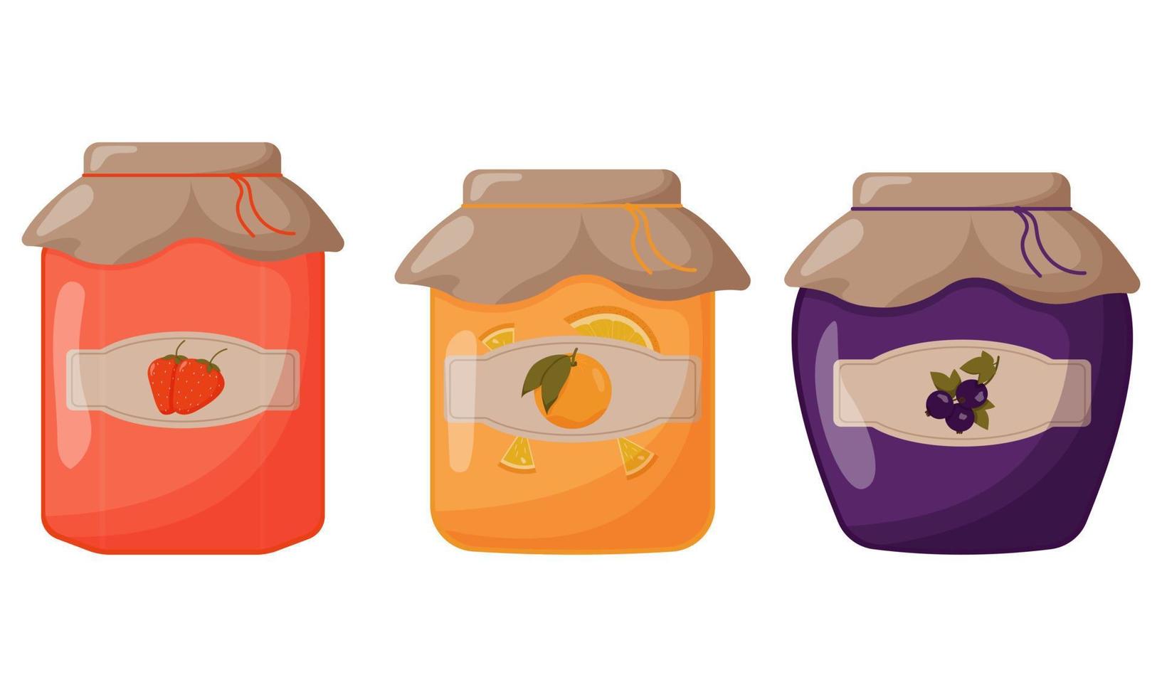 glazen potten jam gemaakt van zwarte bes, sinaasappel en aardbei met een gesloten deksel. schattige vectorillustratie. vector