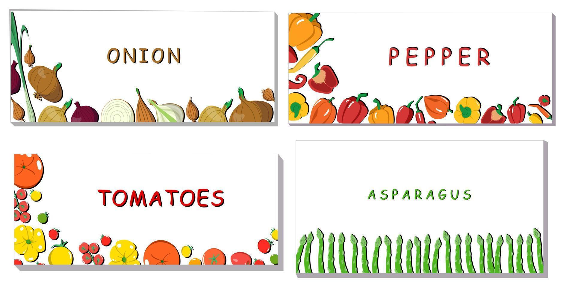 een set van heldere vectorbanners, frames gemaakt van peper, tomaat, asperges en ui. verse cartoon groente. de illustratie wordt gebruikt voor tijdschrift, boek, poster, ansichtkaart, menuomslag, webpagina's. vector