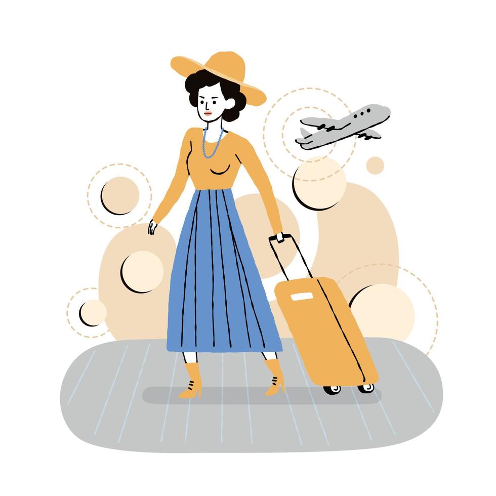 reizend meisje in jurk met bagage met vliegtuig en abstracte grafische vector op de achtergrond
