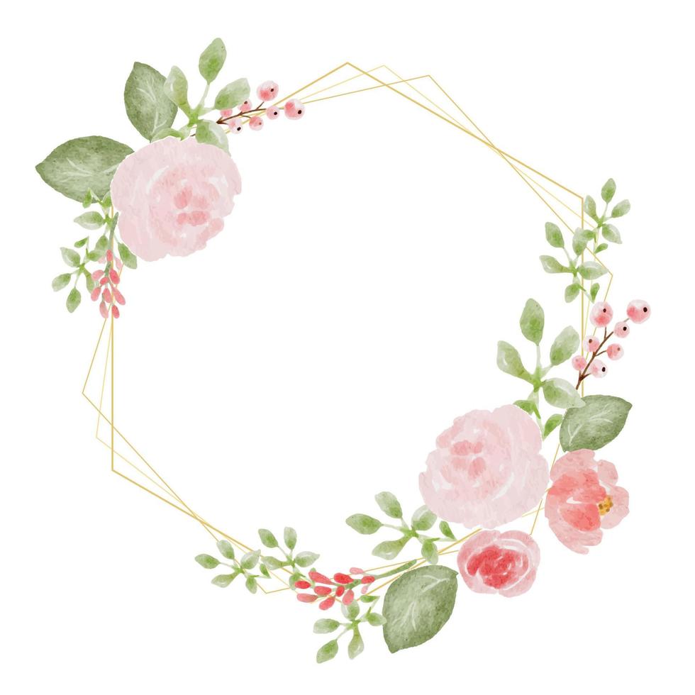 losse aquarel kleurrijke rozen en wilde bloemen boeket krans met hexagon gouden frame vector