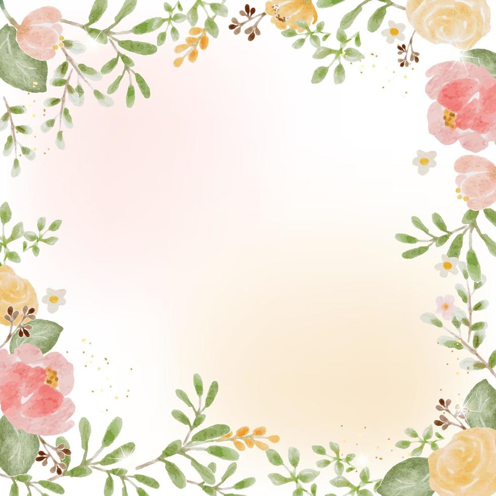 losse aquarel kleurrijke rozen en wilde bloemen boeket met gouden luxe vierkante frame bruiloft uitnodiging kaartsjabloon vector