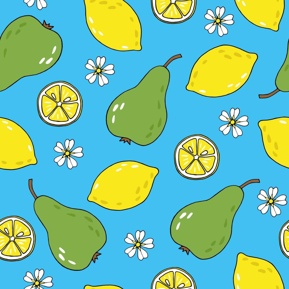 schattig zomerpatroon met doodle fruit - peren en citroenen op blauwe achtergrond vector