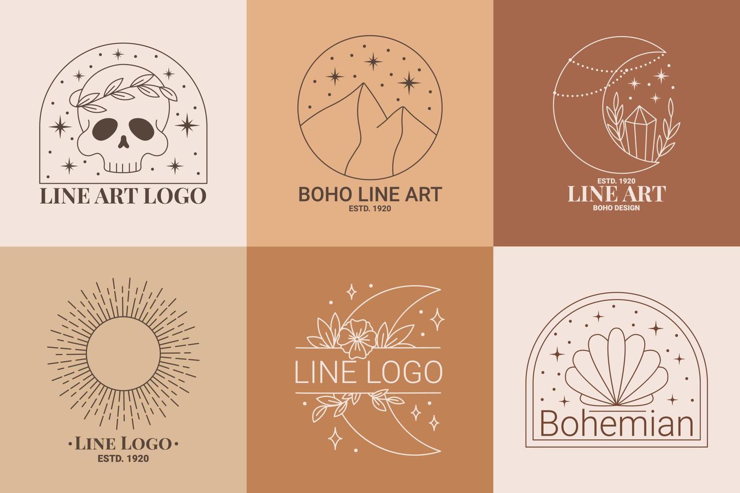 boho mysticus doodle esoterische logo set. magisch lijnkunstpictogram met schedel, maan, zon, bloem vector