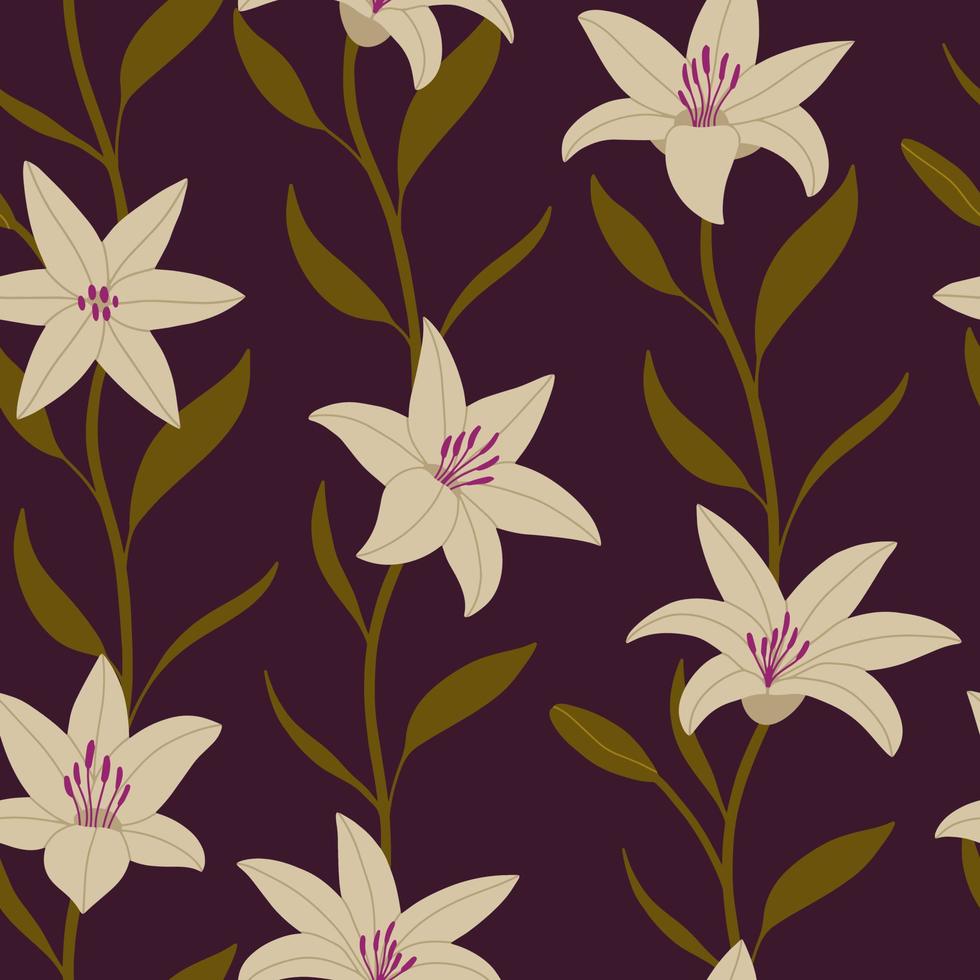 esthetisch eigentijds afdrukbaar naadloos patroon met lentebotanisch printontwerp. decoratieve lelie, bloemen en bladeren. pastel boho-achtergrond in minimalistische stijl uit het midden van de eeuw voor stof, vector