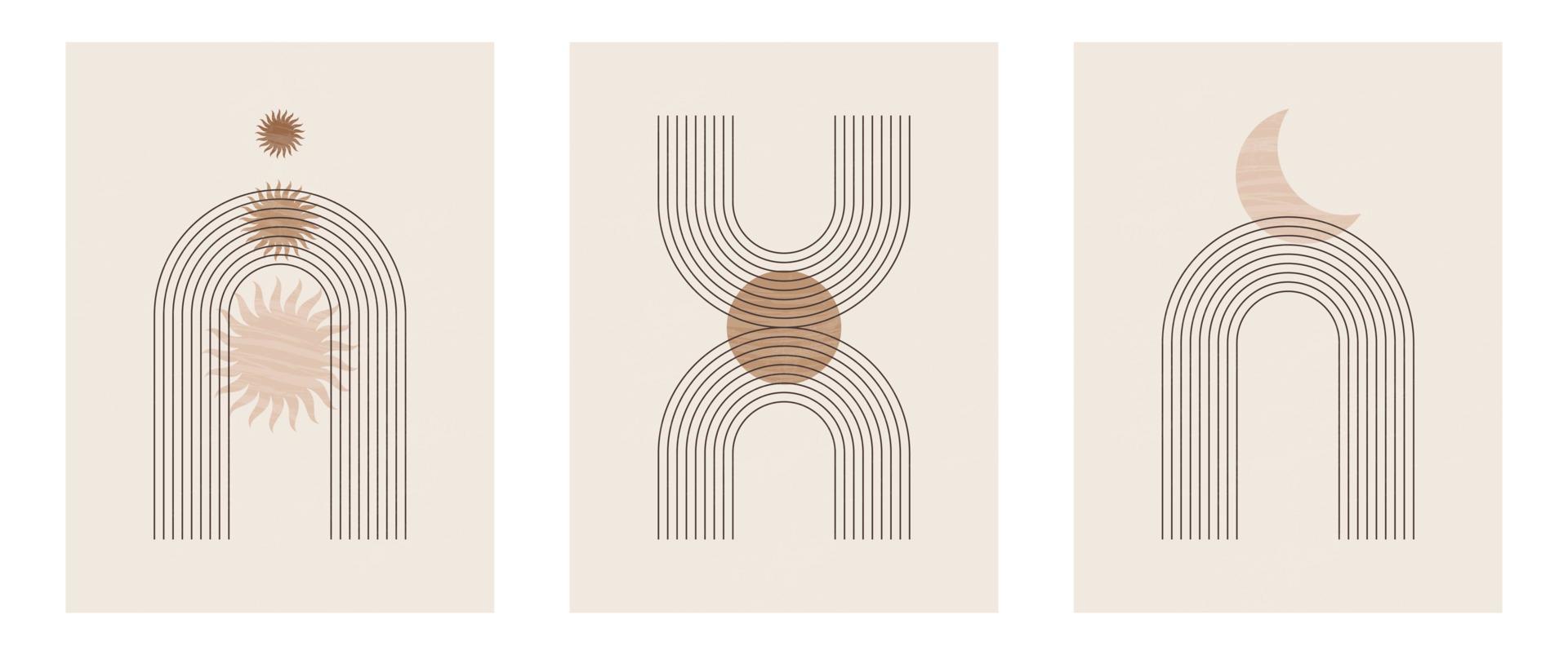 set van moderne minimalistische kunstdruk uit het midden van de eeuw met organische natuurlijke vorm. abstracte hedendaagse esthetische achtergrond met geometrische minimale zwarte lijn op beige. boho wanddecoratie. vector