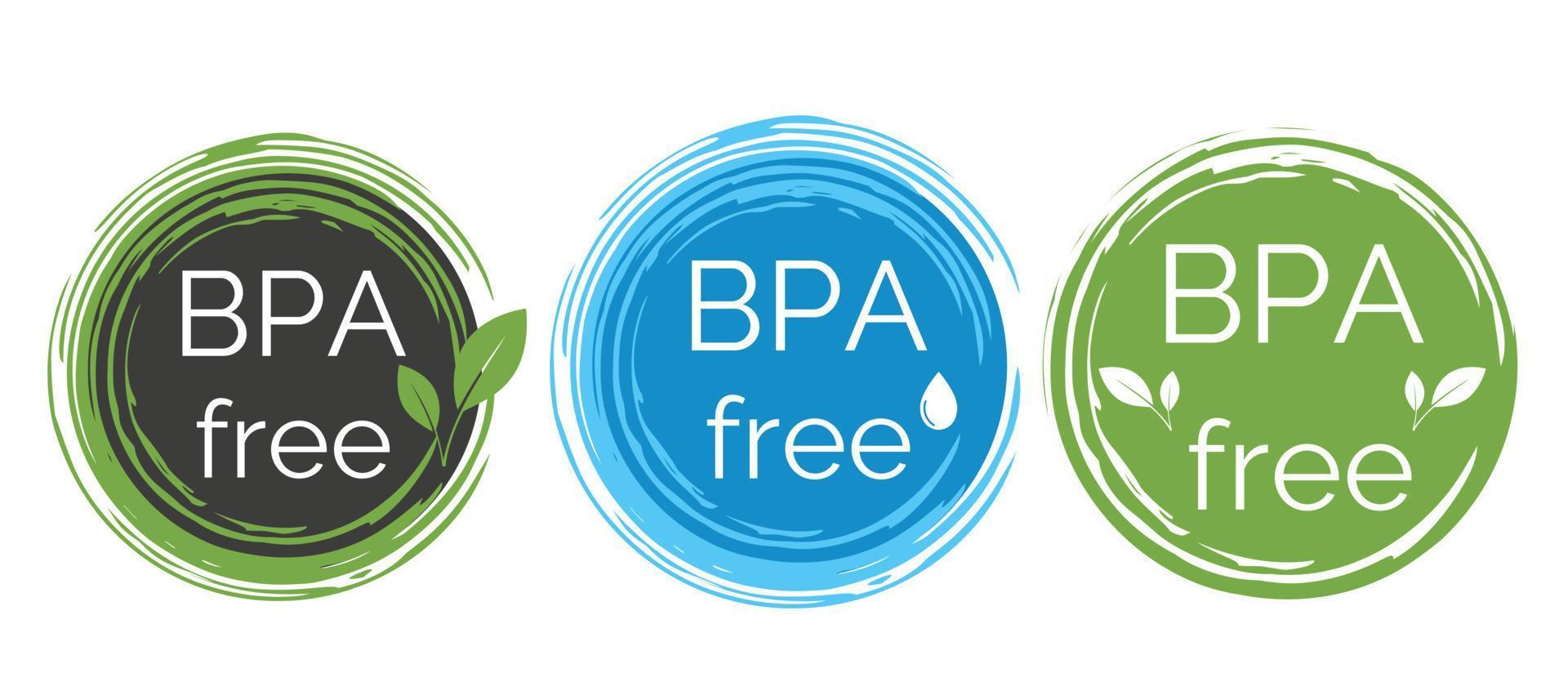 gratis bpa-pictogramset. ronde badge met waterdruppel en bladeren. bisfenol a en ftalaten gratis platte vectorillustratie vector