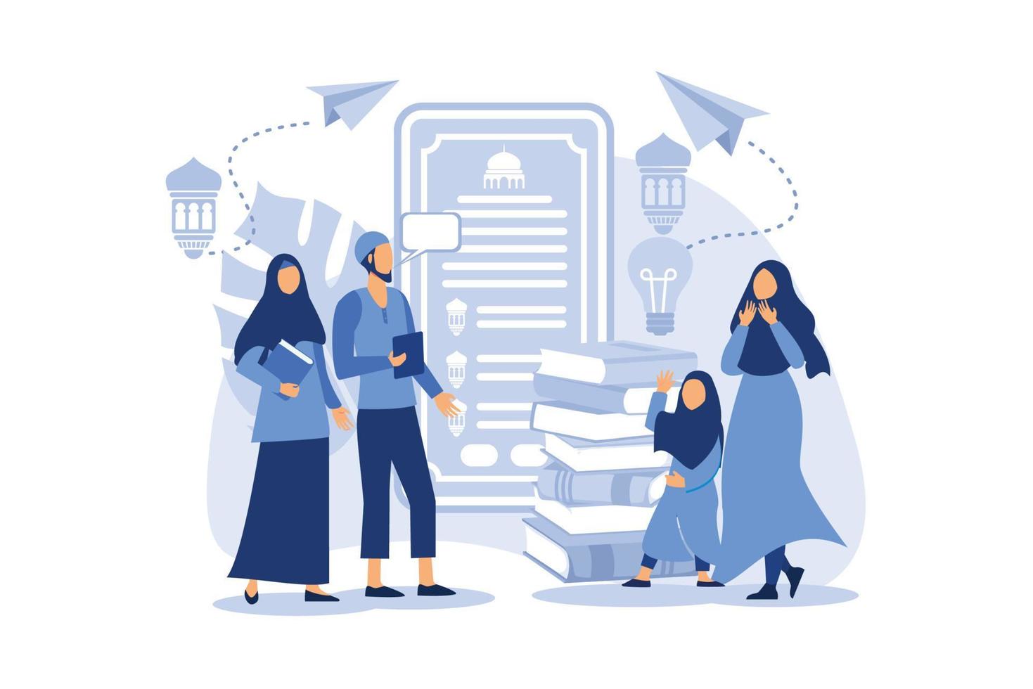 platte vector cartoon afbeelding ramadhan kareem. eigenaar introduceert de toepassing van het online leren lezen van e-koran, vrouwen dankbaar en bidden. hand met telefoon concept. voor spandoek, poster, ui, ux