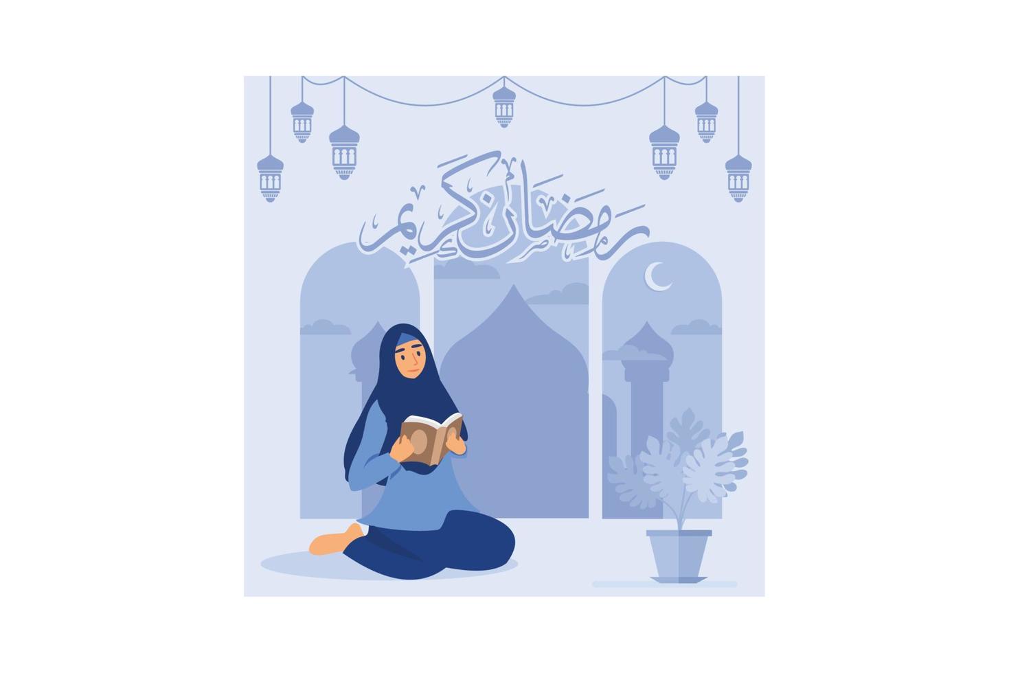 het lezen van het heilige koran platte ontwerpconcept. vrouwen die de koran lezen in de maand ramadan, moslims die verzen reciteren. kan gebruiken voor web-bestemmingspagina, banner, ui. vector illustratie