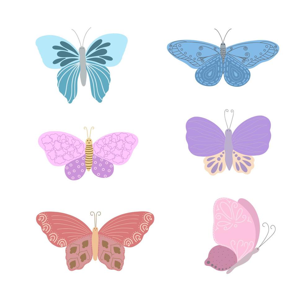 mooie kleine kleurrijke vlinders in eenvoudige vlakke stijl vectorillustratie, symbool van paasvakantie, lente of zomer, viering decor, clipart voor kaarten, banner, lente, schattig insect vector