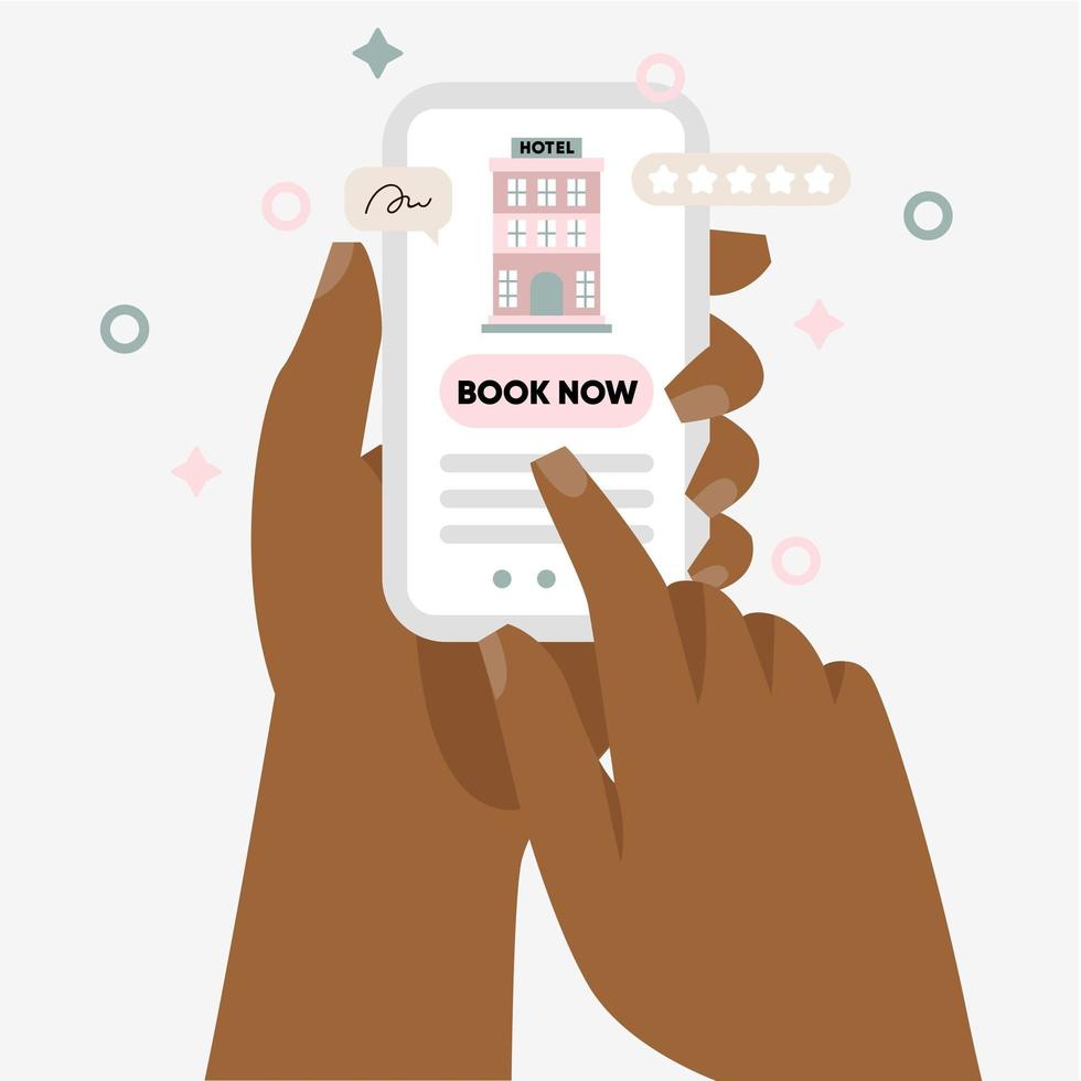 Hand met smartphone met boek Hotel nu knop vector