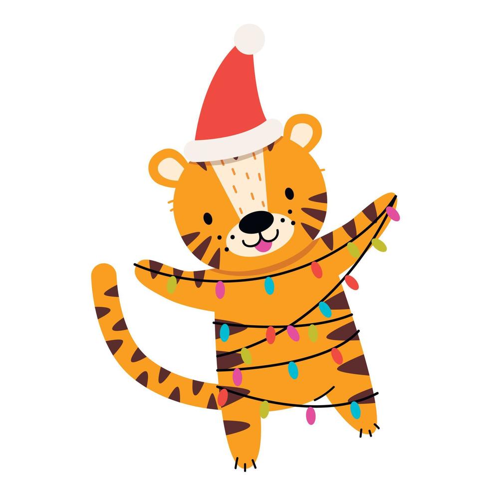 leuke kersttijger met slinger. vectorillustratie. vector