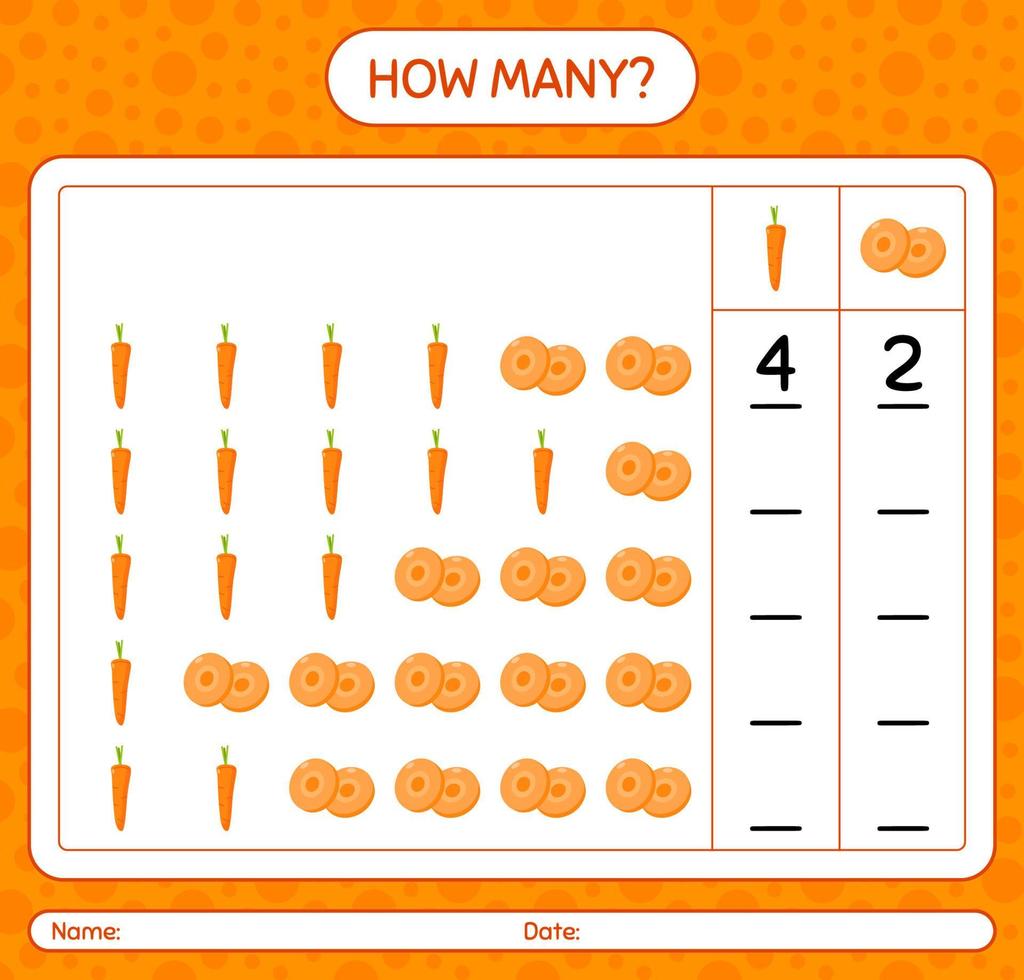 hoeveel tellen spel met wortel. werkblad voor kleuters, activiteitenblad voor kinderen, afdrukbaar werkblad vector