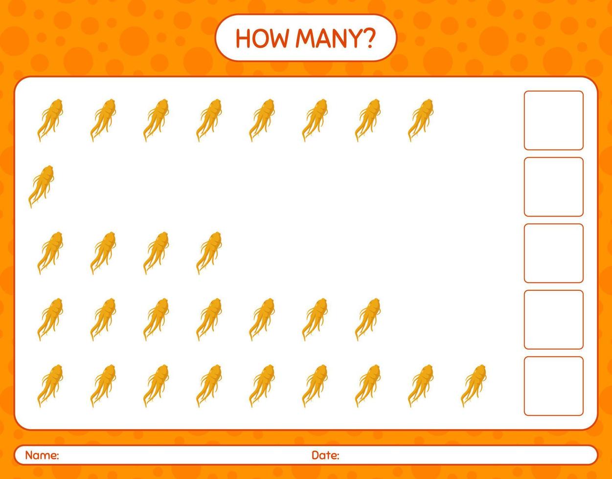 hoeveel tellen spel met ginseng. werkblad voor kleuters, activiteitenblad voor kinderen, afdrukbaar werkblad vector
