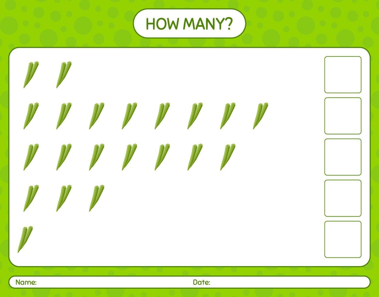 hoeveel telspel met okra. werkblad voor kleuters, activiteitenblad voor kinderen, afdrukbaar werkblad vector