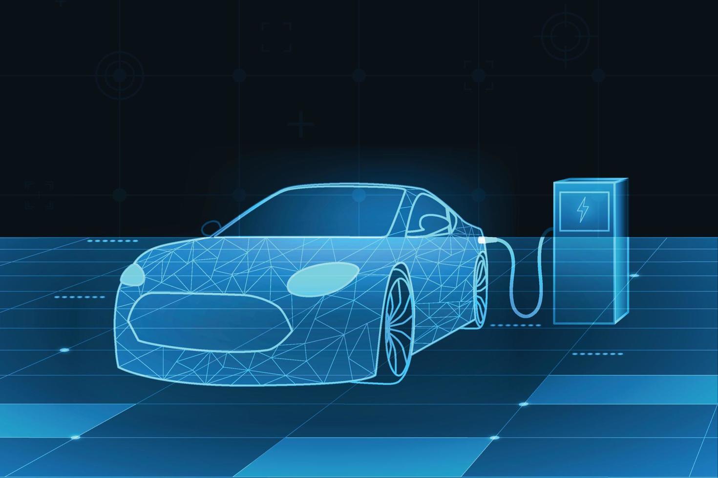 vector elektrische auto met laadstations concept. technische achtergrond.