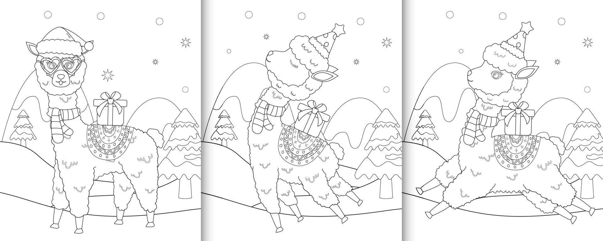 kleurboek met schattige alpaca kerstfiguren vector
