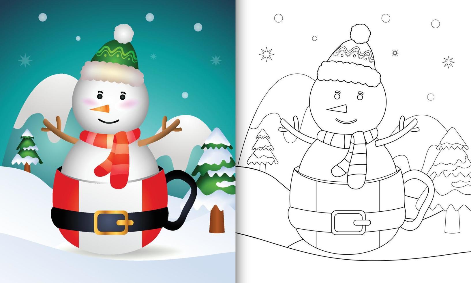 kleurboek met een schattige sneeuwpop kerstfiguren met een muts en sjaal in de kerstbeker vector