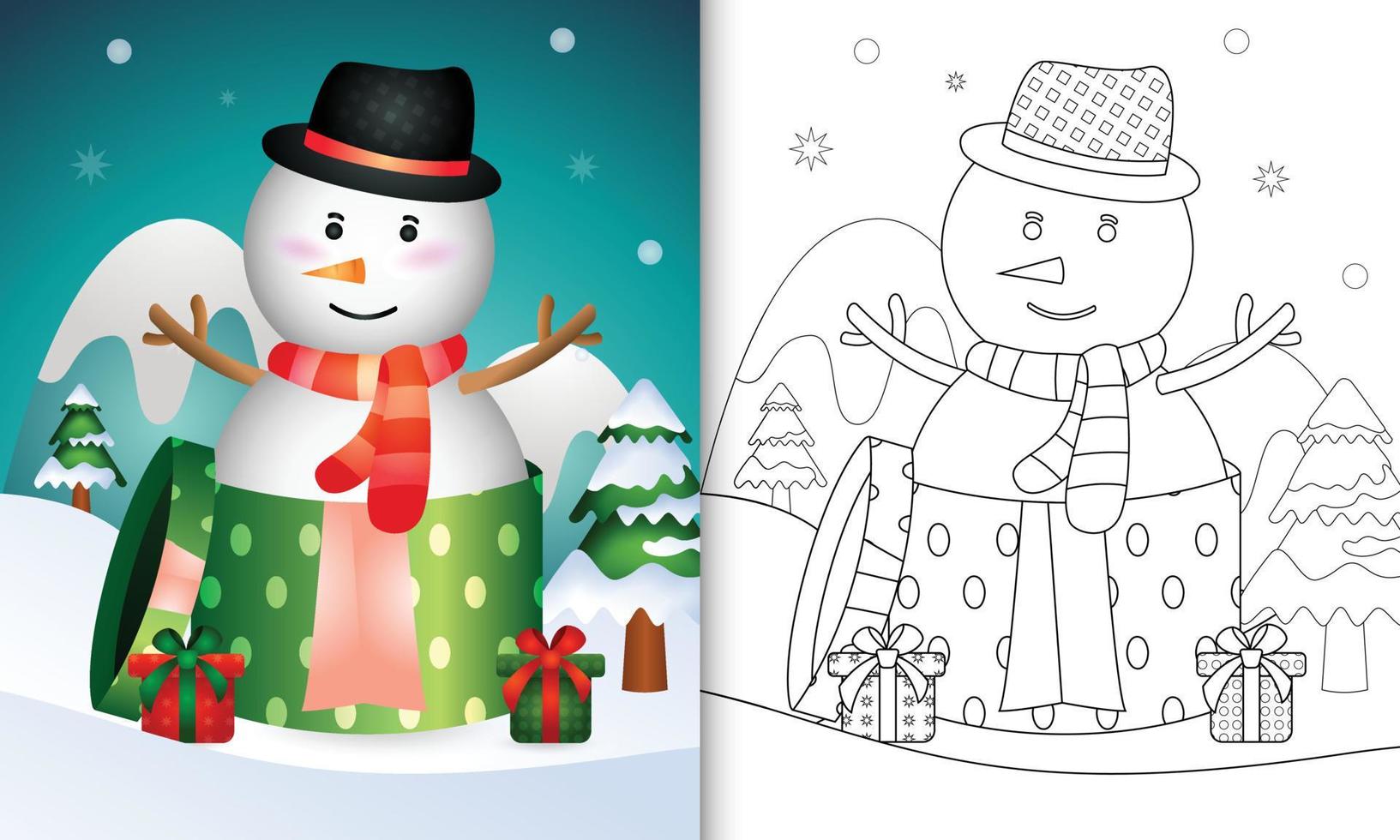 kleurboek met schattige sneeuwpop-kerstfiguren met muts en sjaal in de geschenkdoos vector