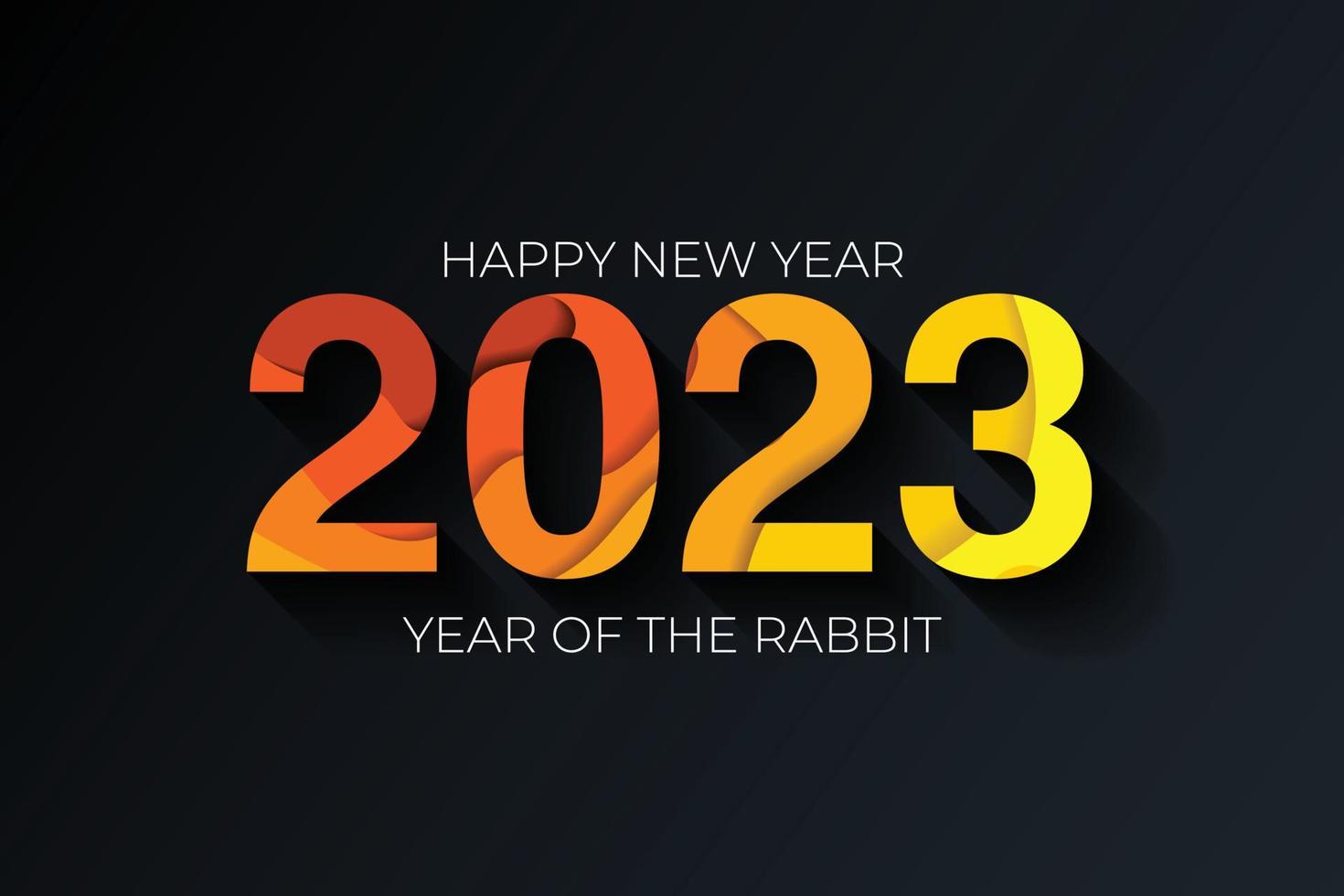 2023 vector oranje en geel papier knippen op donkere achtergrond. 2023 vectorconcept. feestelijke nummers ontwerp. jaar van het konijn. belettering 2023 vector concept eps 10