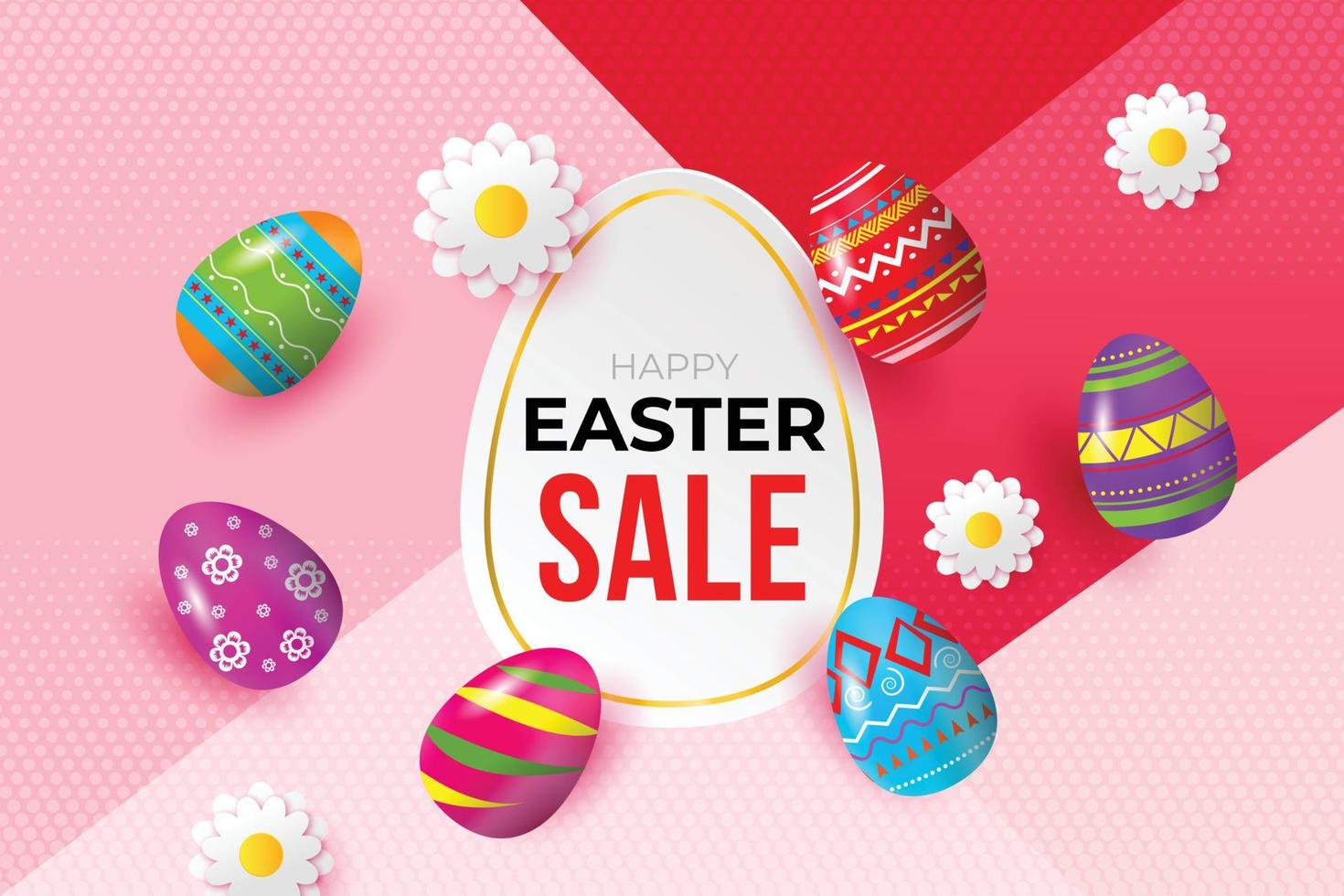 gelukkig pasen-achtergrondmalplaatje met mooie bloem en eieren. happy easter sale banner belettering met kleurrijke eieren. vector illustratie