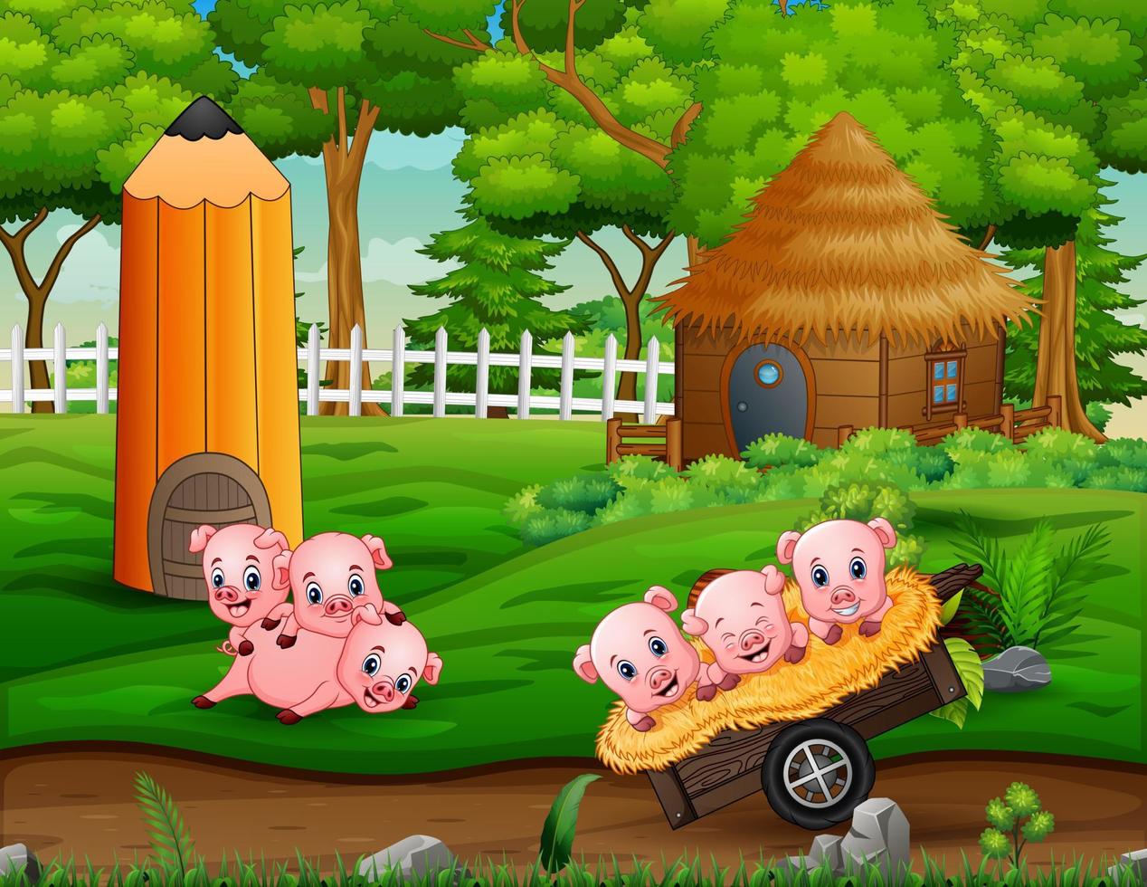 cartoonillustratie van varkens die op de boerderij spelen vector