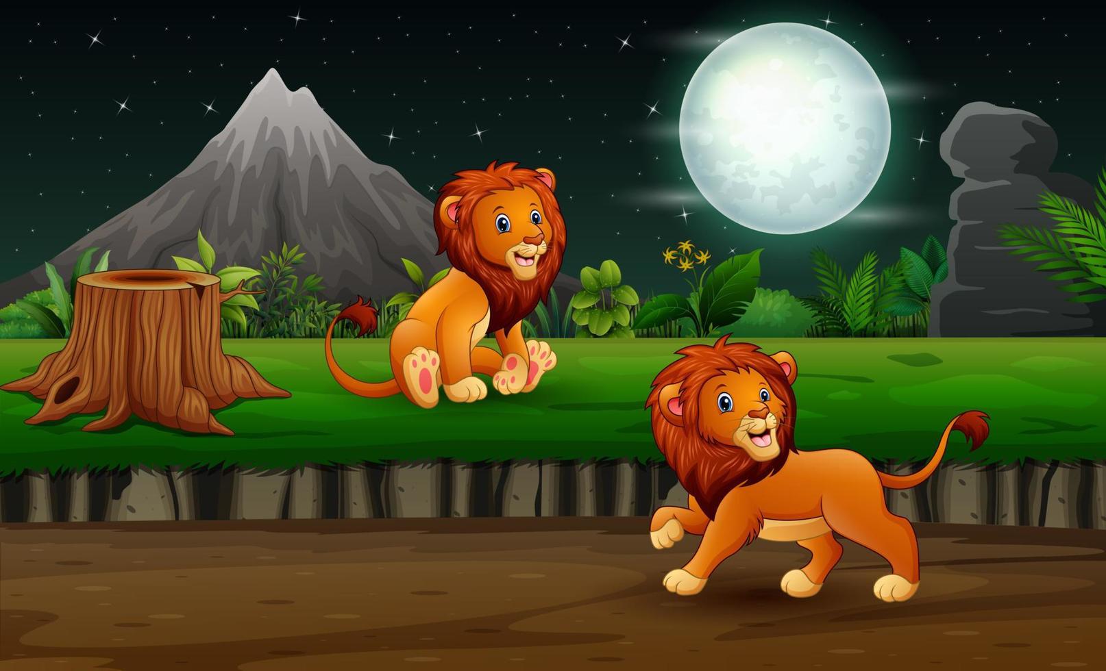 cartoon leeuwen in nachtlandschap illustratie vector