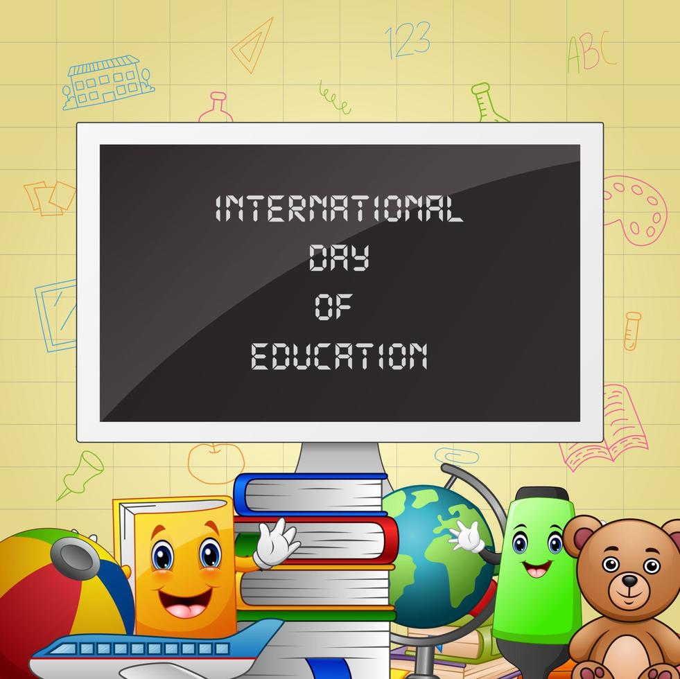 internationale dag van het onderwijs achtergrond met schoolbenodigdheden vector