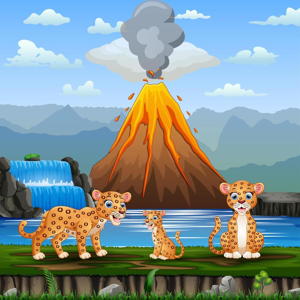 scène met luipaardfamilie en vulkaanuitbarsting illustratie vector
