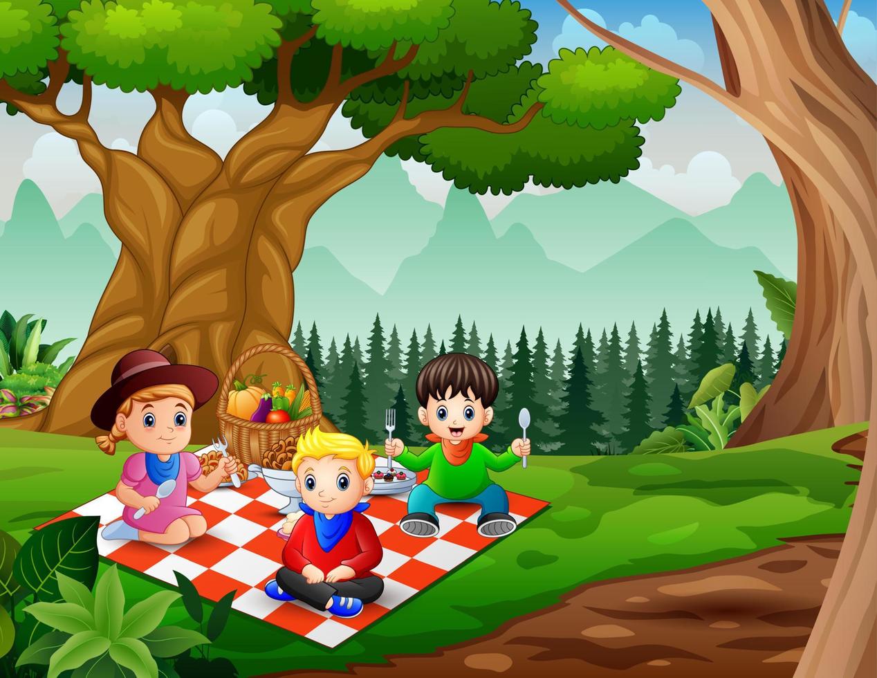 drie schattige kinderen die samen picknicken vector