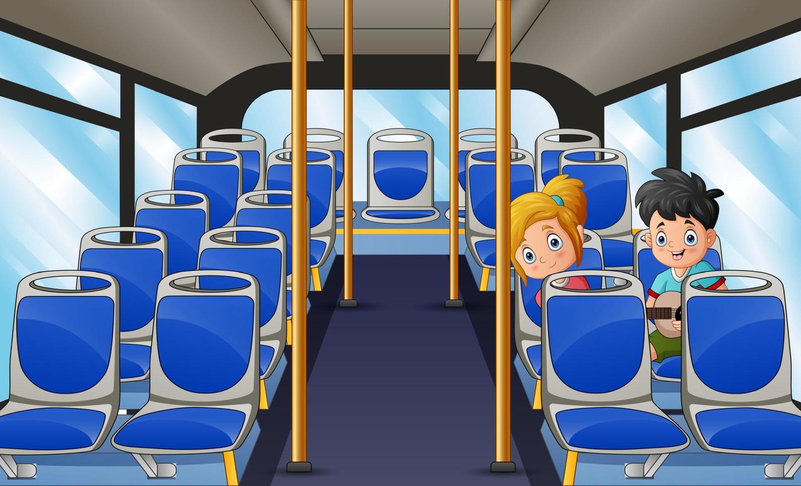 cartoon tienerjongen en meisje zingen in de bus vector