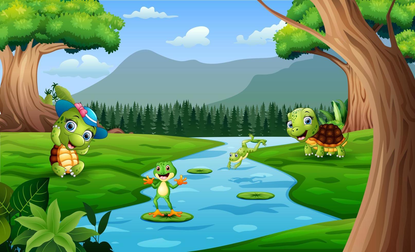 gelukkige schildpadden en kikkers die in de rivierillustratie spelen vector