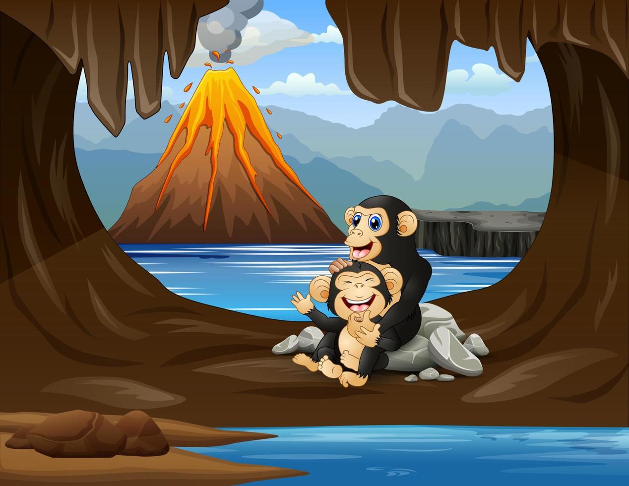 schattig een chimpansee met haar welp in de grot vector