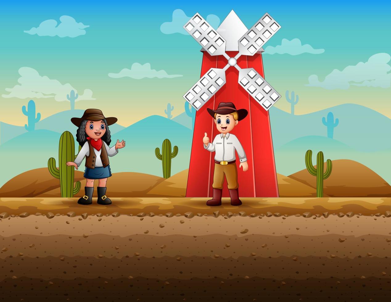 een rode windmolen en cowboy in de woestijn vector