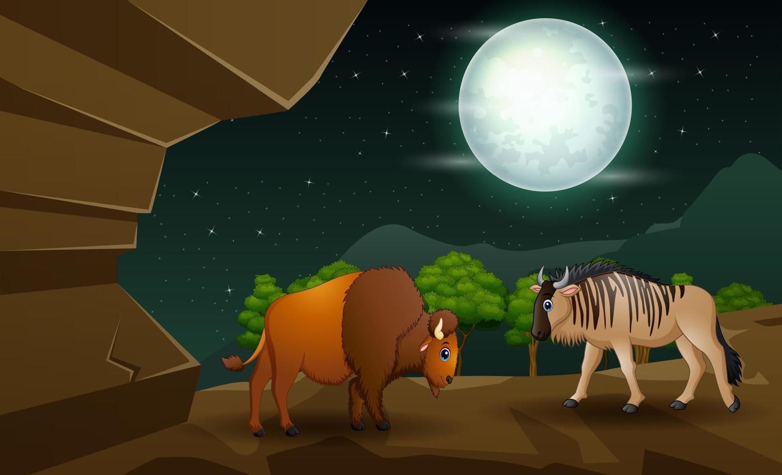 tekenfilm een bizon en gnoes in de grot vector