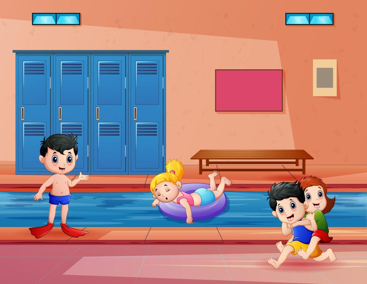 illustratie van kinderen die plezier hebben in het binnenzwembad vector
