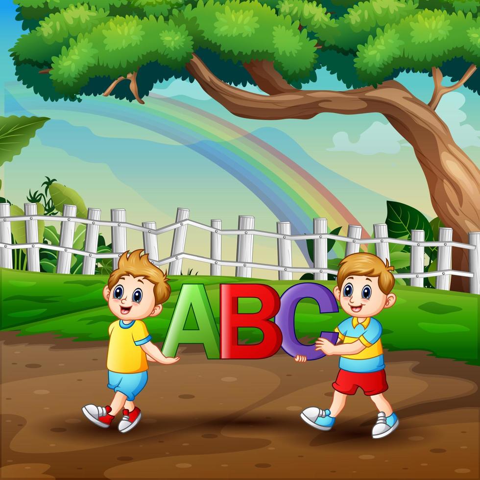 tekenfilm twee jongens die de letter abc . vasthouden vector